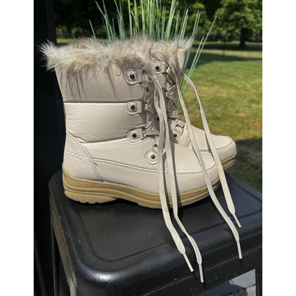 Sporto Kids Size 9 Winter Snow Boots Beige Faux Fur Lace Up Side Zip